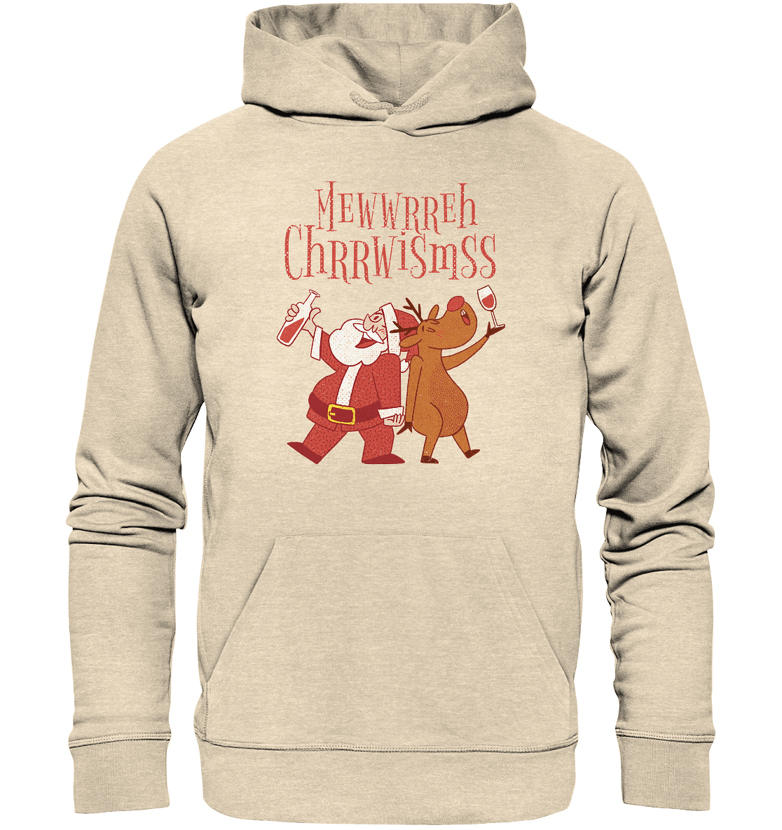 Betrunkener Nikolaus mit Rentier auf organischem Hoodie, Frontansicht, bequemes Design, festliches Motiv, online Kaufhaus München