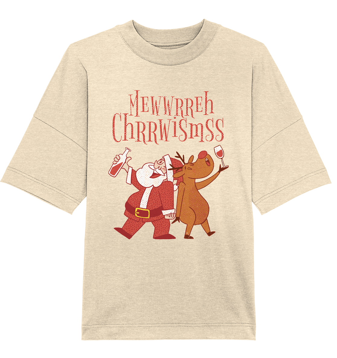 Unisex-Betrunkener Nikolaus mit Rentier auf organischem Oversize-Shirt, vorderes Design, bequemer Schnitt, nachhaltige Mode.