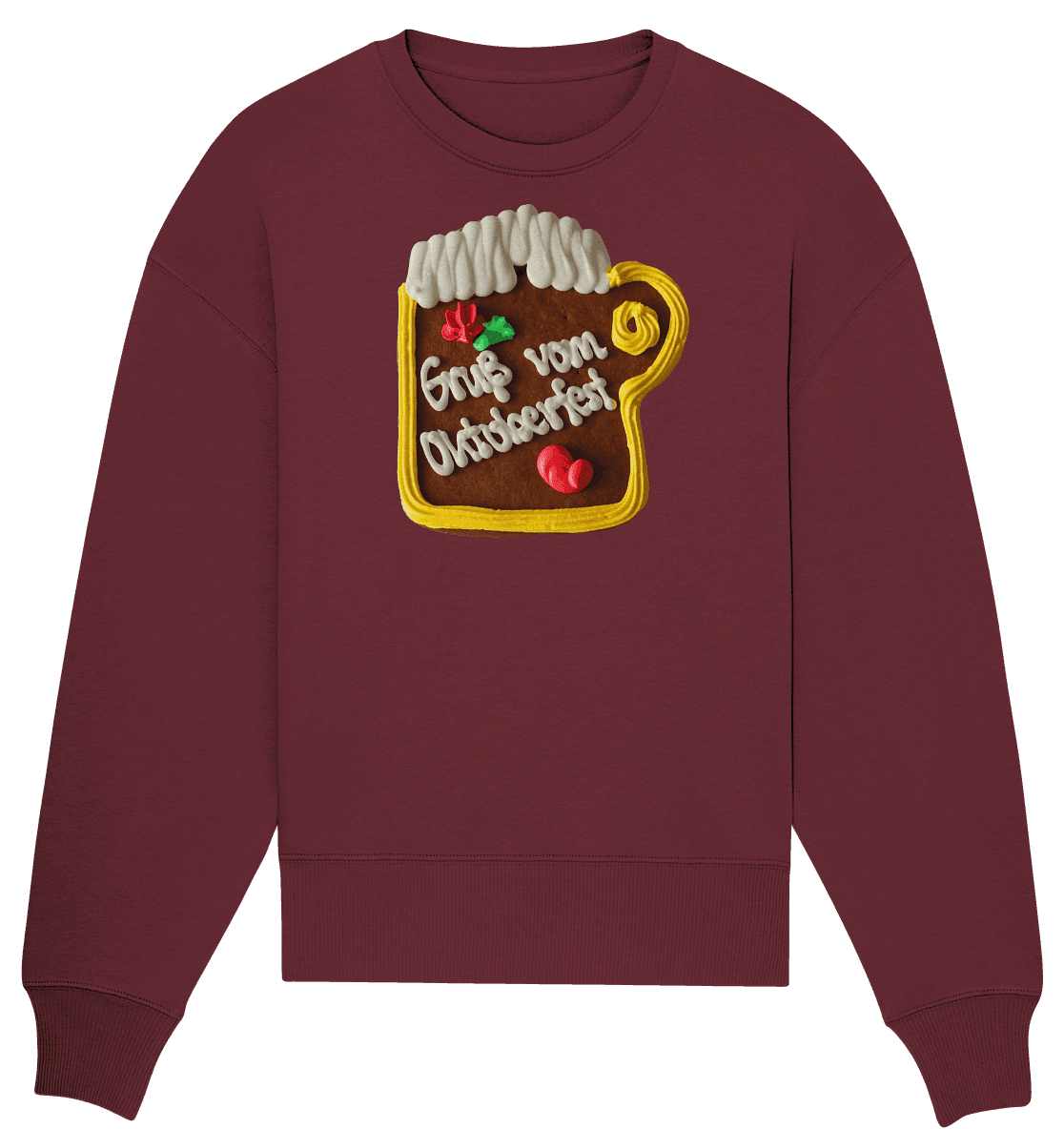 Großer, organischer Sweatshirt mit Lebkuchenkrug-Design, perfekt für Oktoberfest und Herbst, von Online Kaufhaus München.