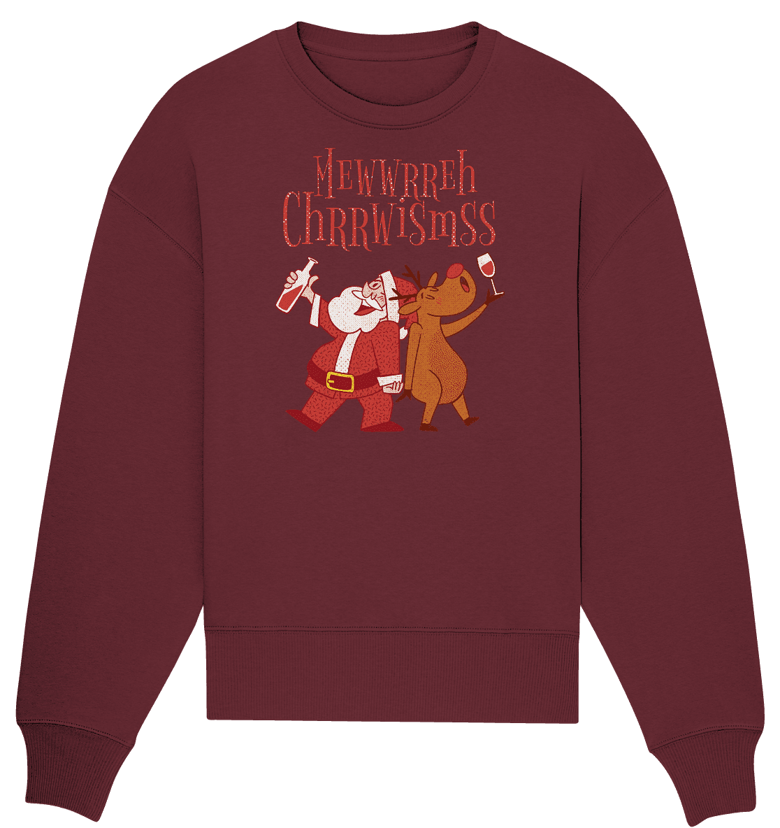 Organischer Nikolaus mit Rentier auf oversized Sweatshirt, Frontansicht, bequemer Schnitt, warmes Material, für Kinder und Erwachsene