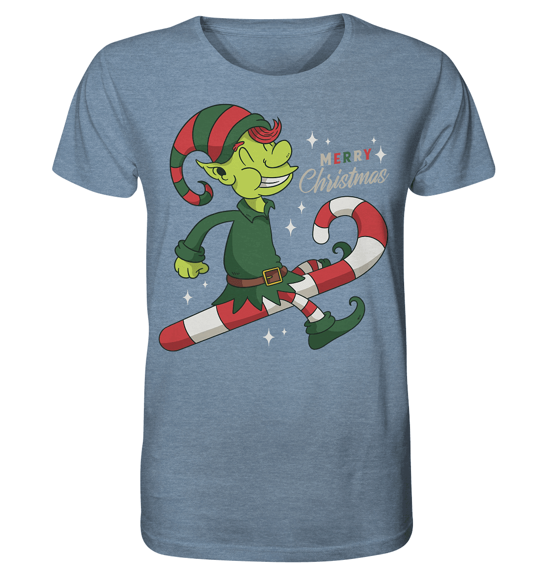 Weihnacht Design Netter Weihnachtself mit Zuckerstange Merry Christmas - Organic Shirt (meliert) - Online Kaufhaus München