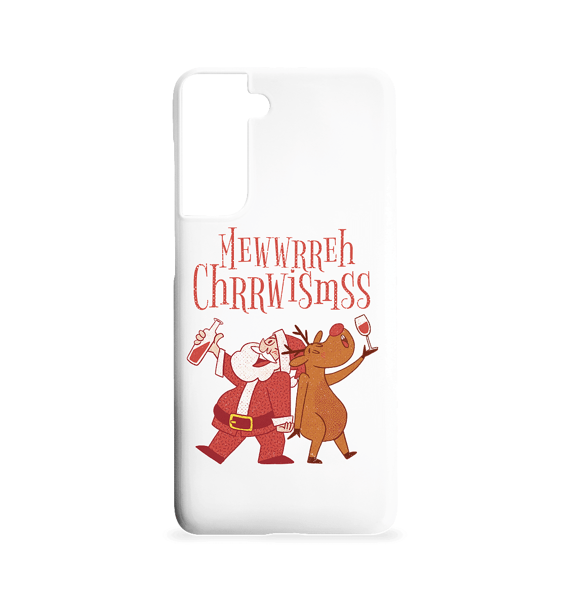 Betrunkerner Nikolaus mit Rentier auf einer weißen Samsung S21 Handyhülle, festliches Accessoire, Schutzhülle mit Weihnachten-Motiv