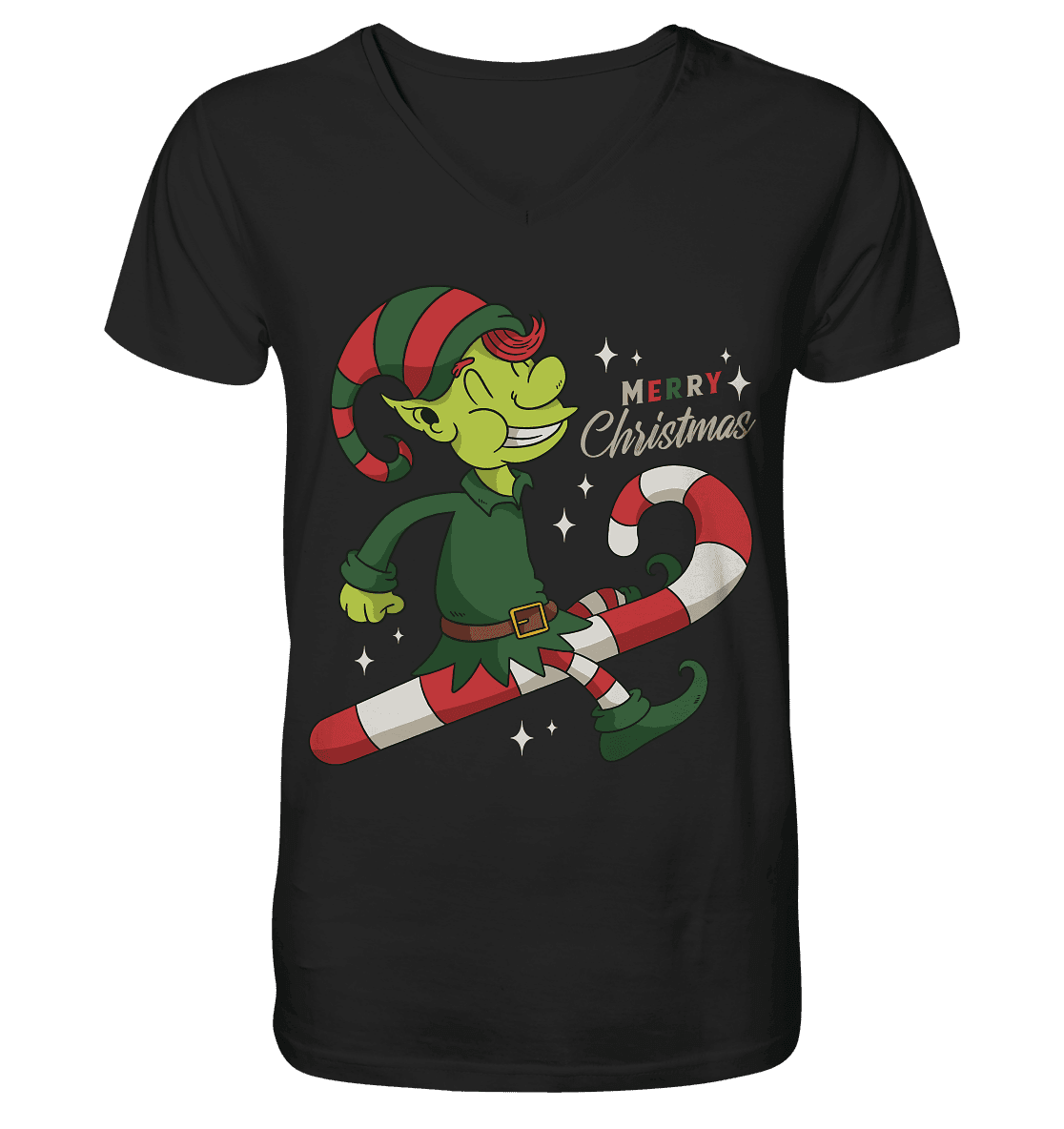 Weihnacht Design Netter Weihnachtself mit Zuckerstange Merry Christmas - V-Neck Shirt - Online Kaufhaus München