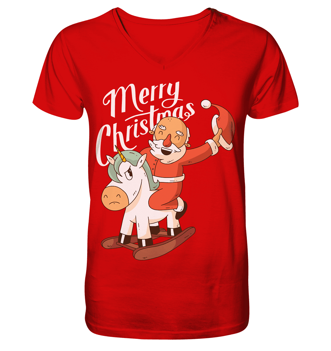 Weihnachten Nikolaus am Schaukelpferd Merry Christmas - V-Neck Shirt - Online Kaufhaus München