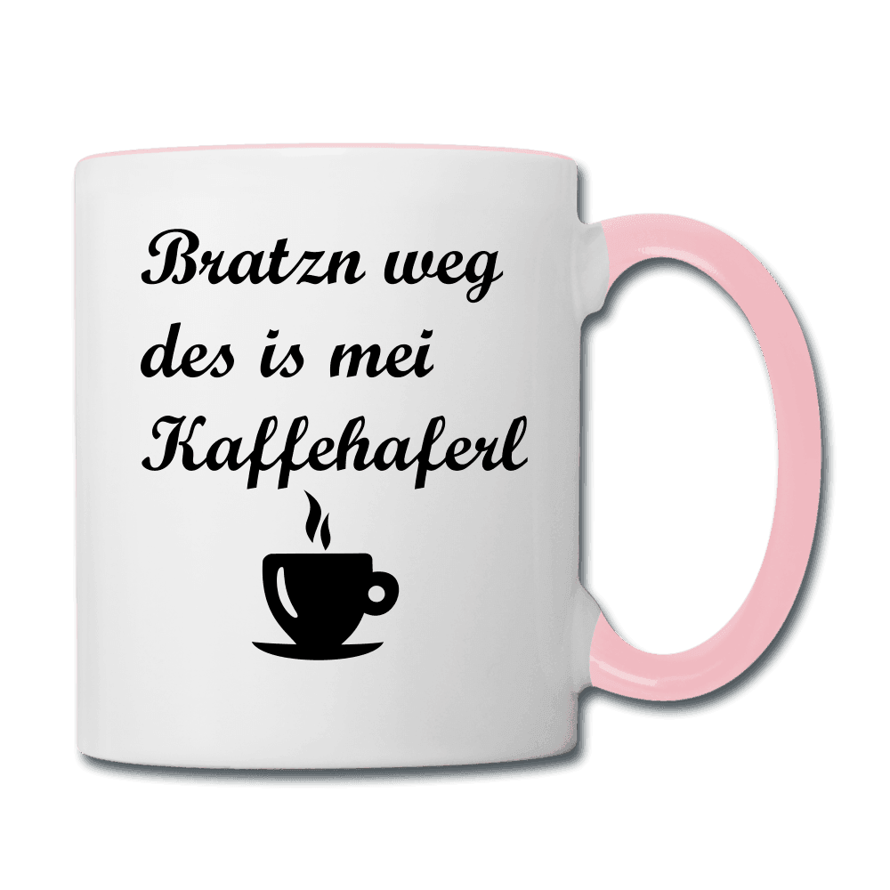 Tasse zweifarbig mit bayrischem Spruch Bratzn weg des is mei Kaffeehaferl - Online Kaufhaus München