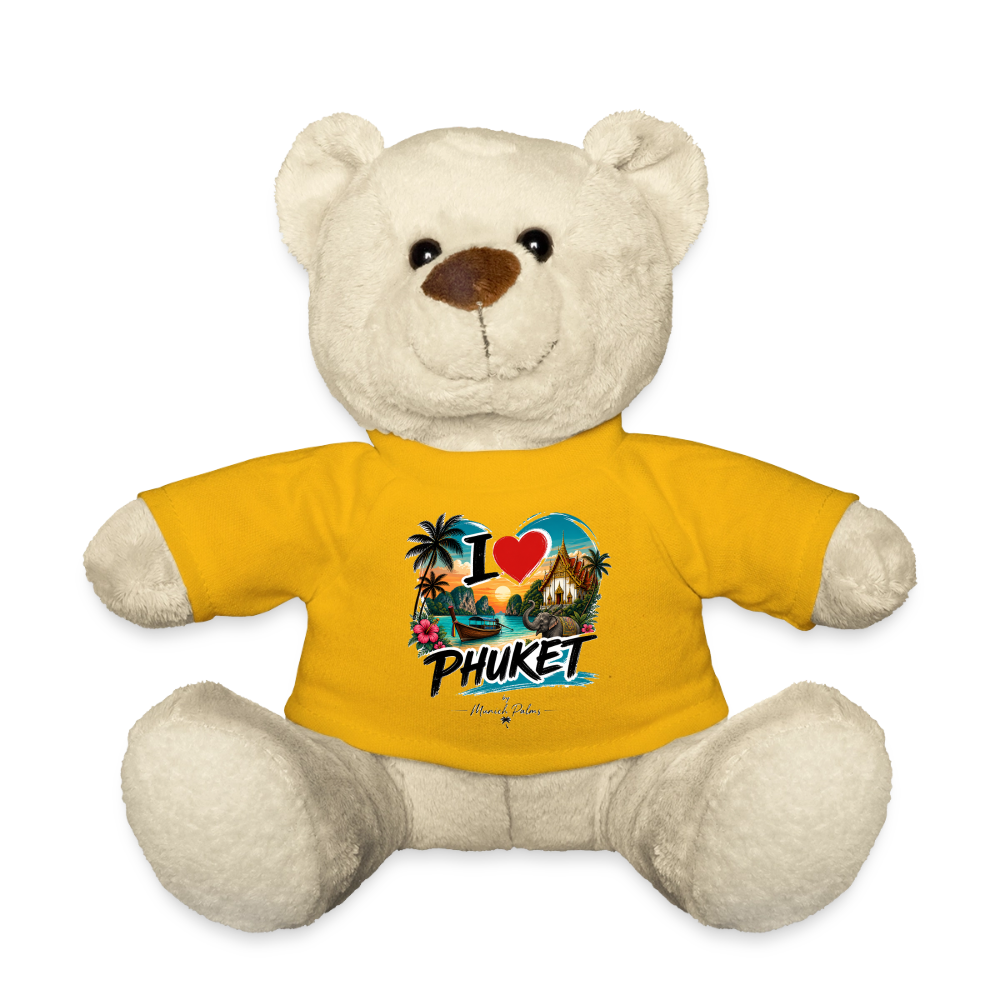 Weicher Teddy mit Phuket- und Palmen-Design von Spreadconnect, braun mit bedrucktem Stoff, perfekt zum Kuscheln.