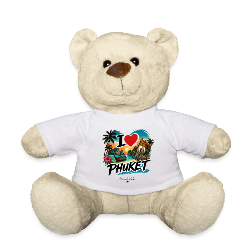 Weicher Teddy mit Phuket und Palmen Design, Spreadconnect, ideal als Kuscheltier oder Dekoration, braun mit bedrucktem Stoff.