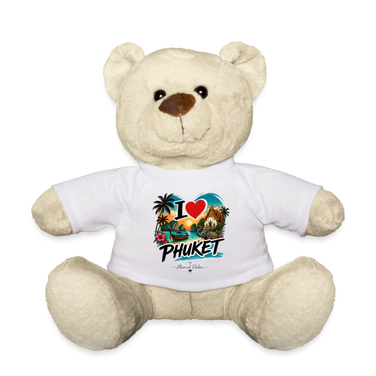 Weicher Teddy mit Phuket und Palmen Design, Spreadconnect, ideal als Kuscheltier oder Dekoration, braun mit bedrucktem Stoff.