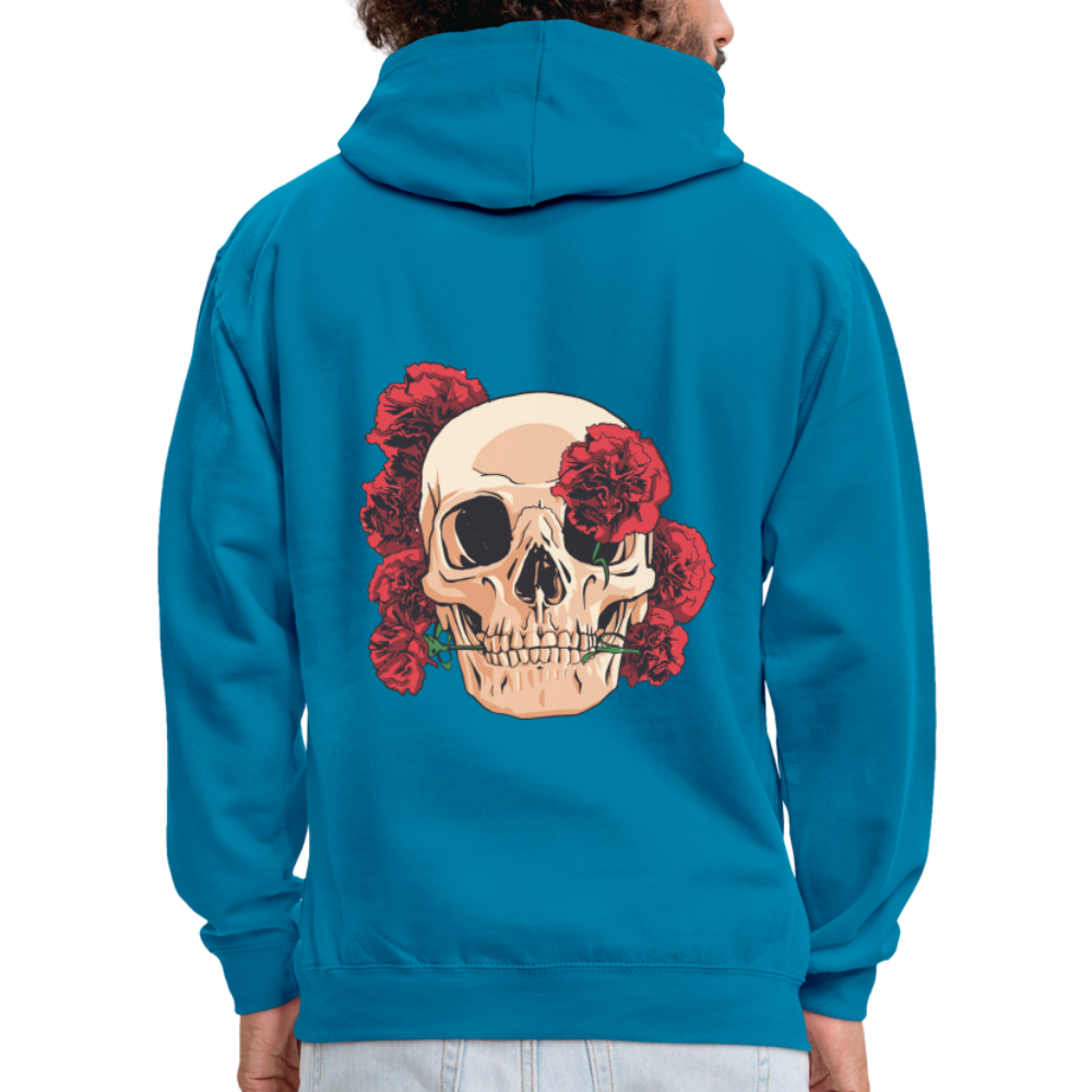 Herren - Männer Kontrast-Hoodie Totenkopf mit Rosen Design - Pfauenblau/Grau meliert