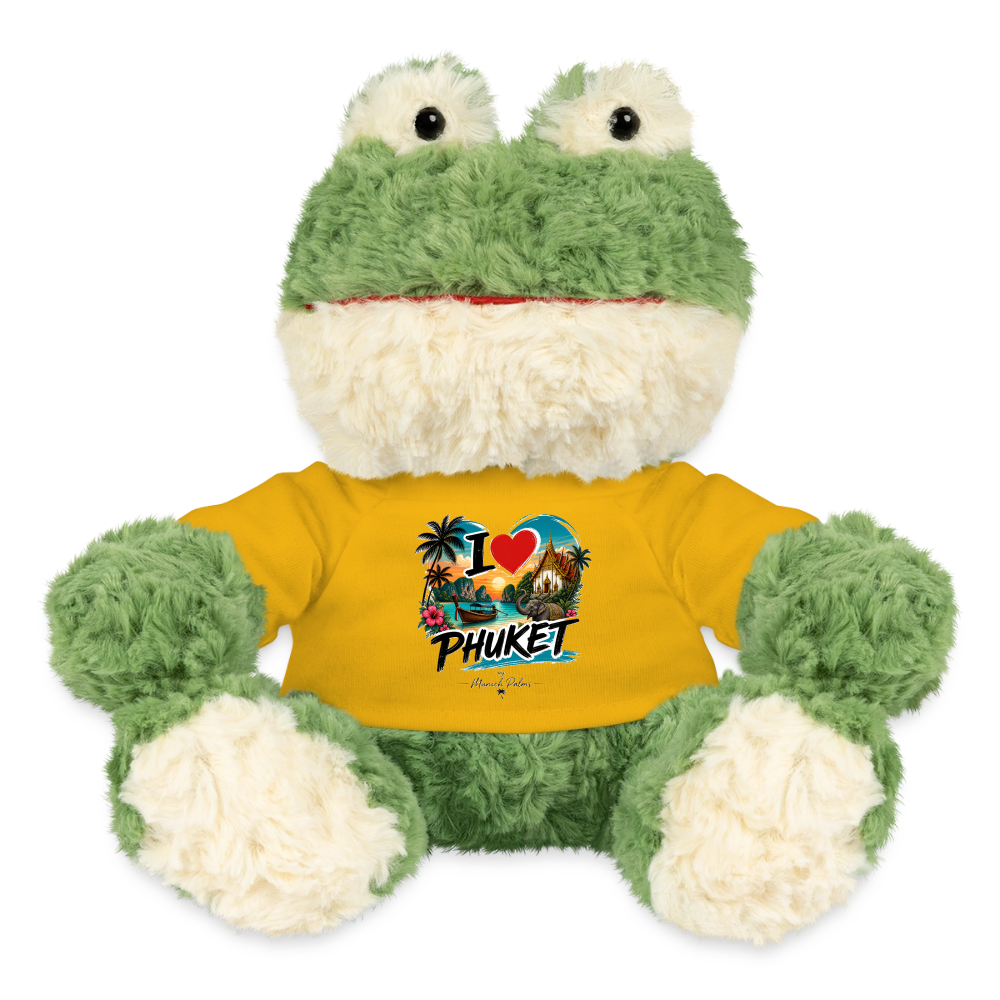 MiniFeet® Frosch Torge mit "I love Phuket" Design und Palmenmotiv, braune MiniFeet® Figur in natürlicher Haltung.