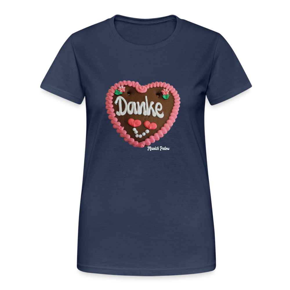 Damen Frauen Gildan Heavy T-Shirt Lebkuchenherz Danke -   Munich Palms - Navy