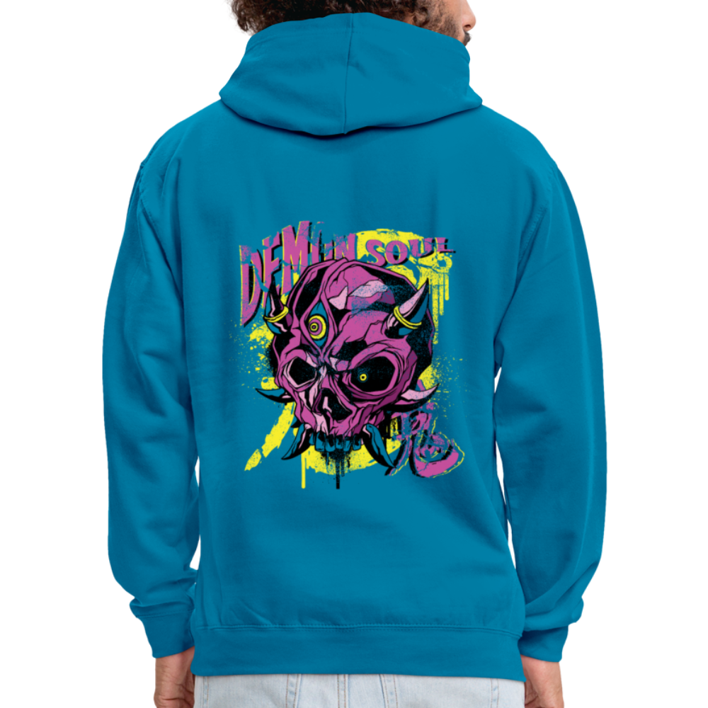 Gothic Herren Hoodie mit Dämonenschädel: Zeige deine dunkle Seite - Pfauenblau/Grau meliert