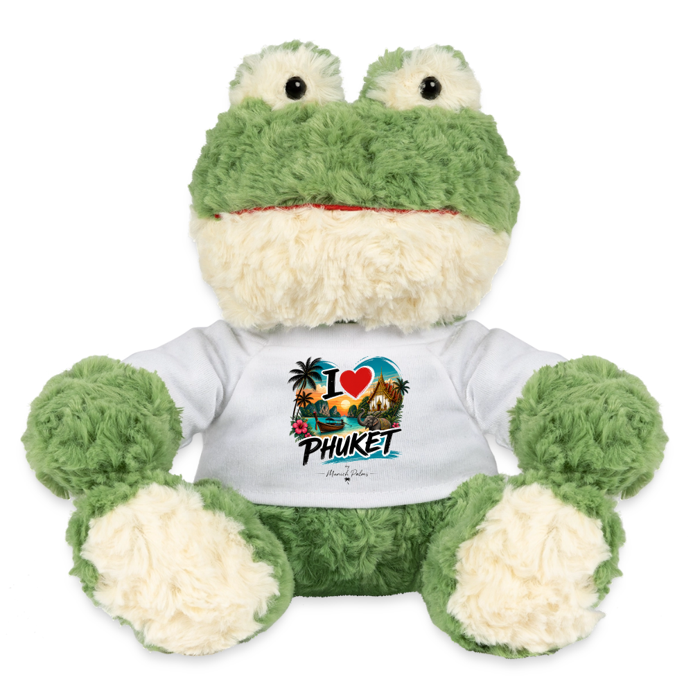MiniFeet® Frosch Torge mit "I love Phuket" Design und Münchner Palmen, detailreiche, bunte Kunststofffigur von Spreadconnect