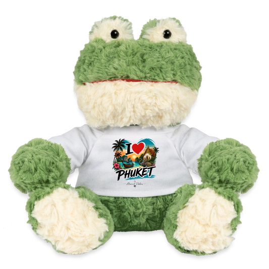 MiniFeet® Frosch Torge mit "I love Phuket" Design und Münchner Palmen, detailreiche, bunte Kunststofffigur von Spreadconnect