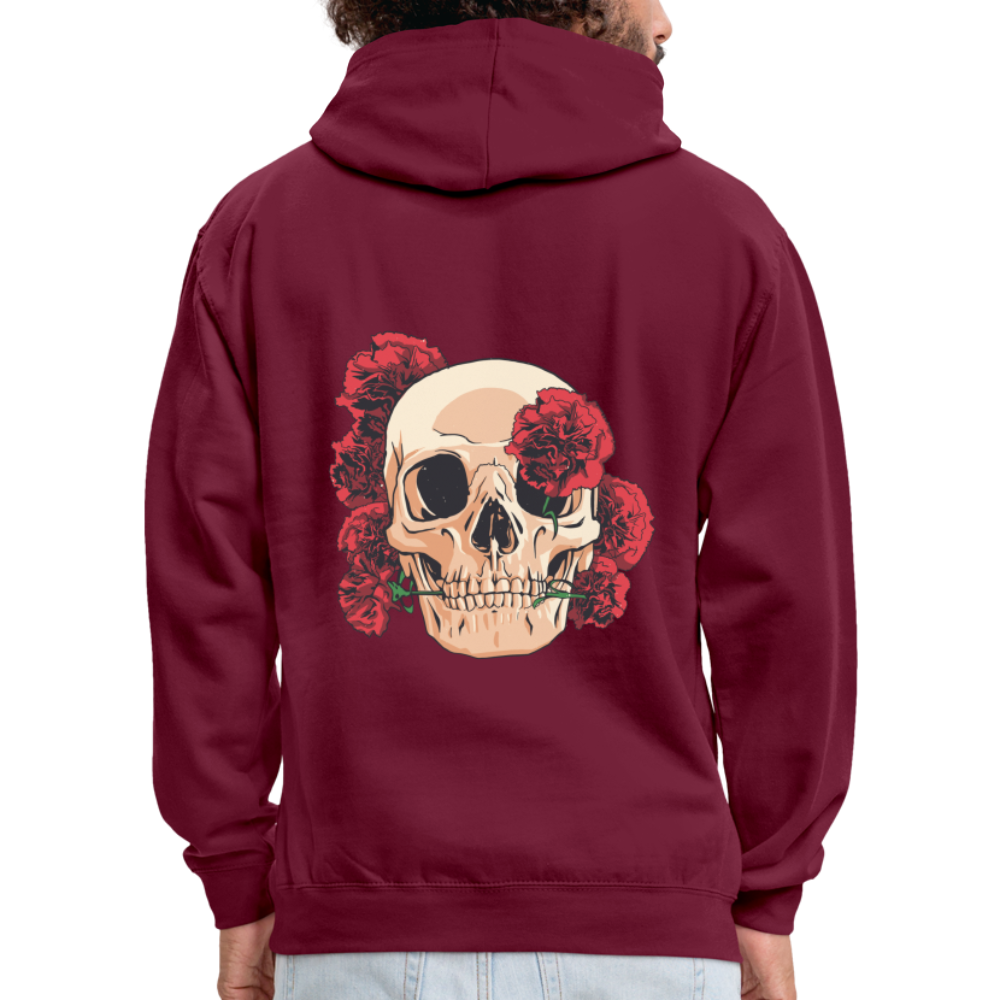 Herren - Männer Kontrast-Hoodie Totenkopf mit Rosen Design - Weinrot/Anthrazit