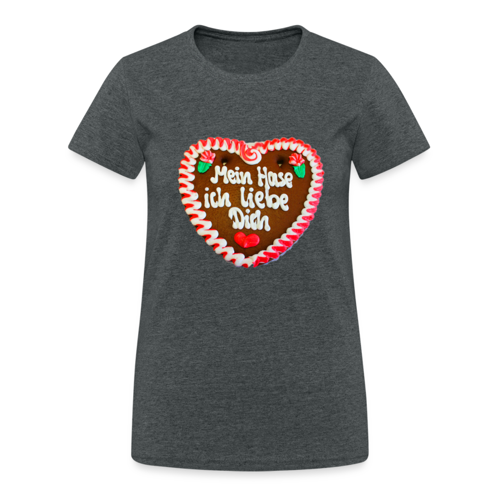 Damen - Frauen Gildan Heavy T-Shirt  Lebkuchenherz Mein Hase ich liebe Dich - Dunkelgrau meliert