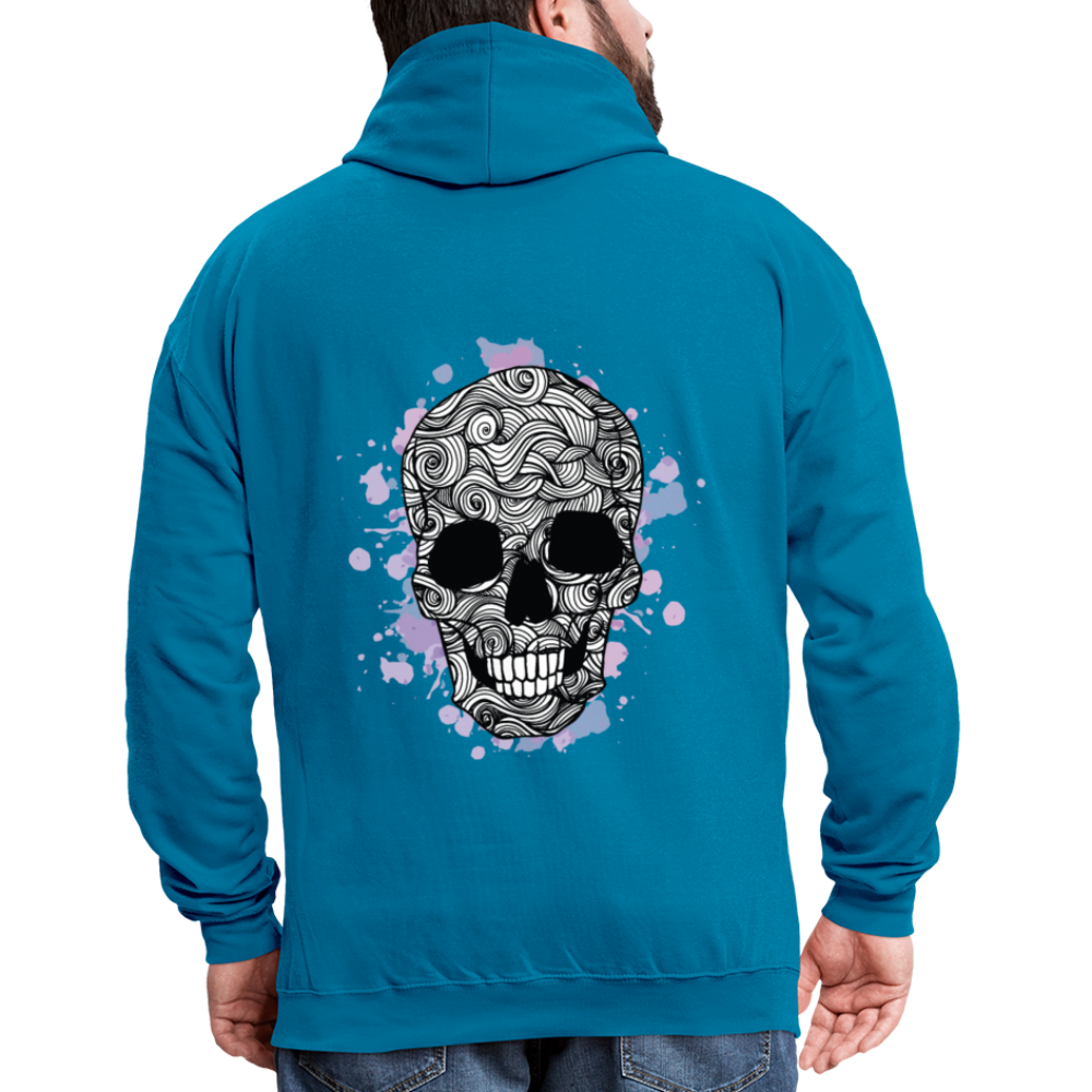 Rebellischer Herren Kontrast-Hoodie mit Totenkopf: Mach dich unverwechselbar - Pfauenblau/Grau meliert