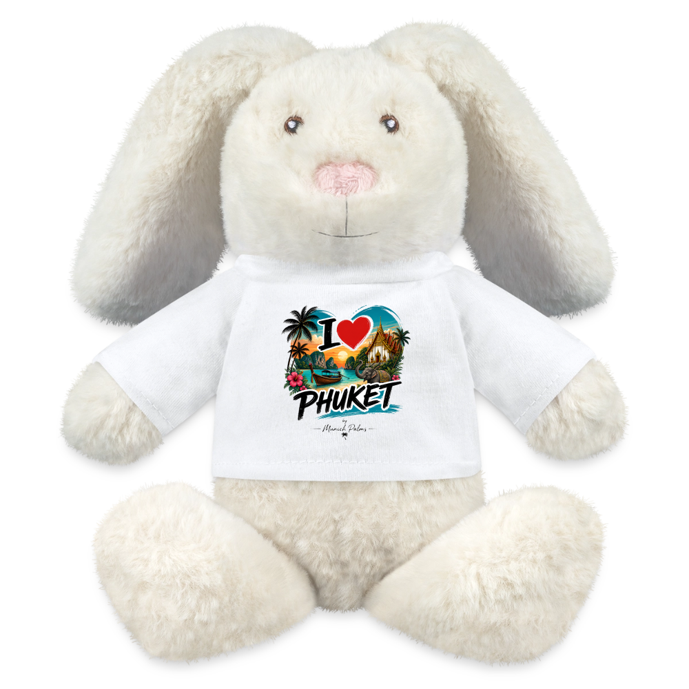 MiniFeet® RecycelHase® Creme von Spreadconnect mit Phuket-Design und Palmen in cremefarbenem MiniFeet®-Recycling-Hase