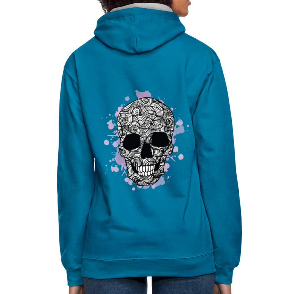 Rebellischer Herren Kontrast-Hoodie mit Totenkopf: Mach dich unverwechselbar - Pfauenblau/Grau meliert