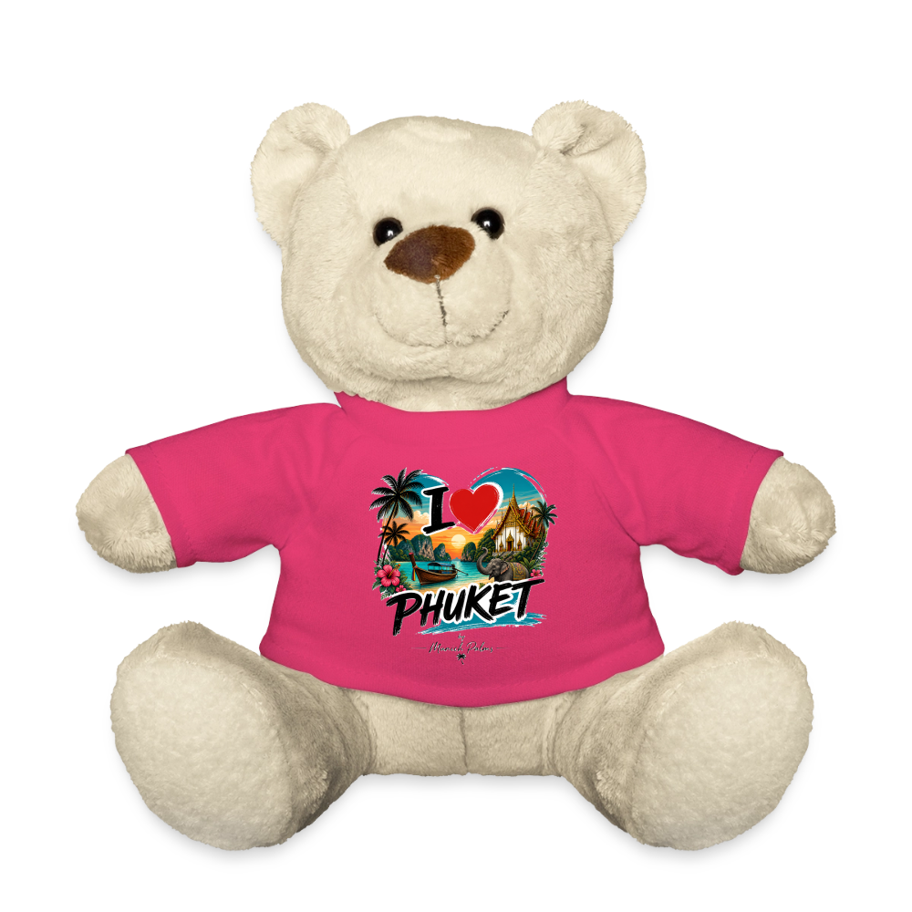 Weiches Teddy-Kuscheltier "I love Phuket" im Munich Palms Design von Spreadconnect, mit detailreichen Stickereien und weichem Stoff.
