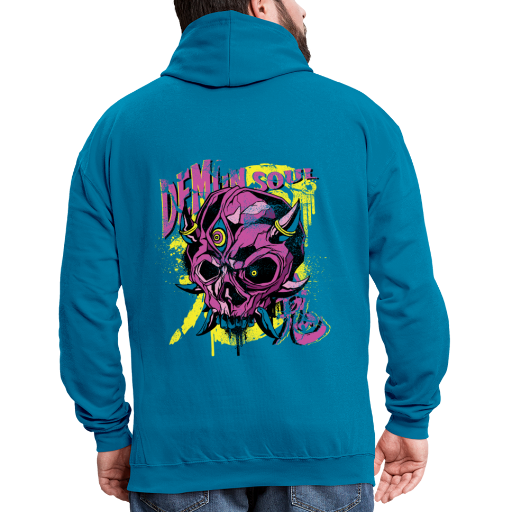 Gothic Herren Hoodie mit Dämonenschädel: Zeige deine dunkle Seite - Pfauenblau/Grau meliert