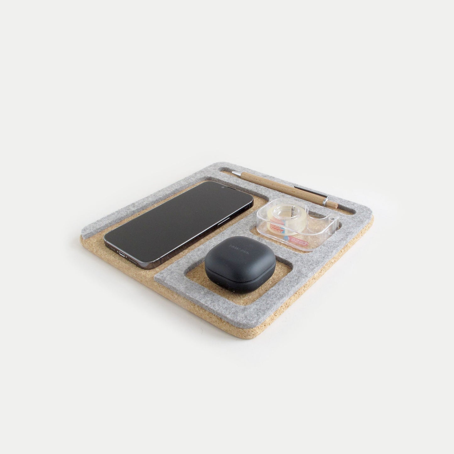 Organizer für Handy, Notizblock, Stift, Schlüssel & Co. | aus Filz und Kork | hellgrau