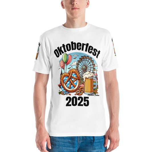 Herren-T-Shirt Oktoberfest 2025 mit All-Over-Print, weißes Crew-Neck-Shirt, Frontansicht, von Online Kaufhaus München