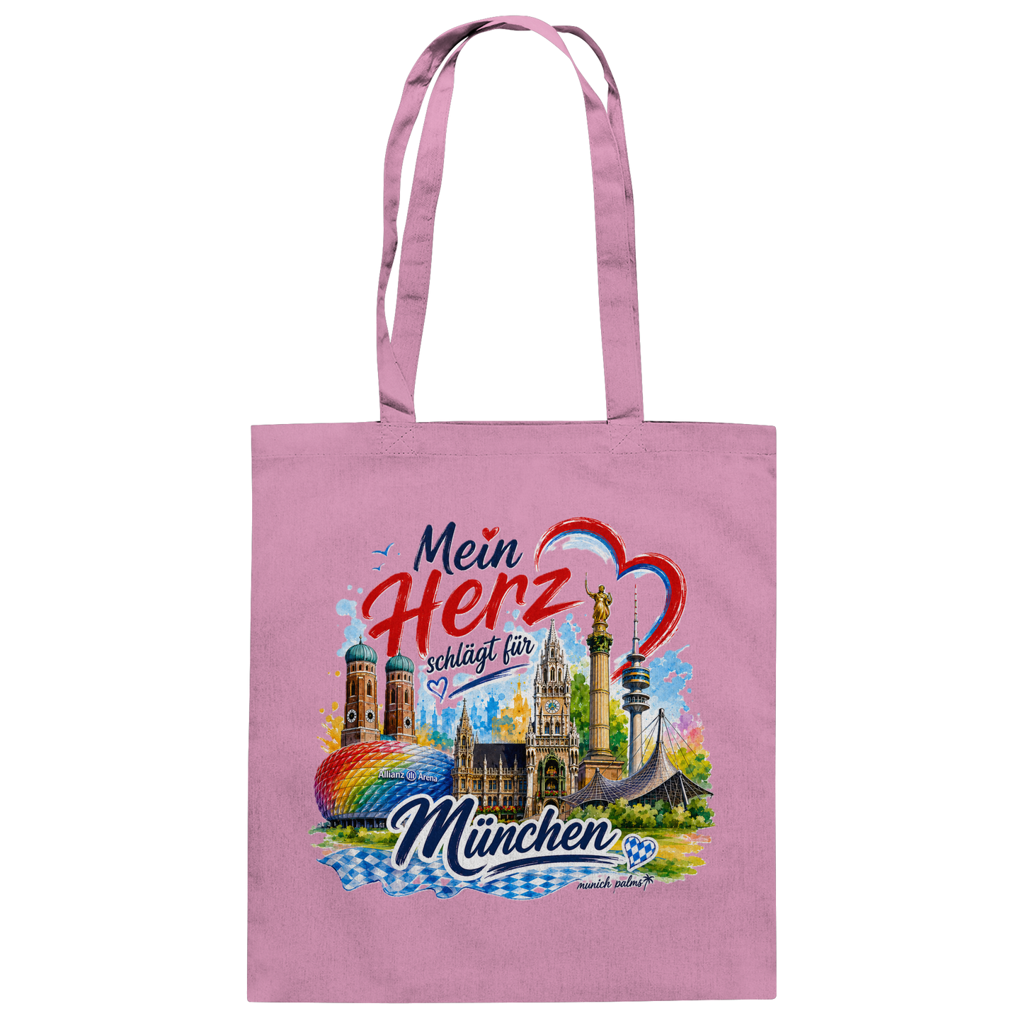 Bunte Baumwolltasche mit Münchner Wahrzeichen und Herz-Design, pinkfarben, von Munich Palms, für modebewusste München-Fans.