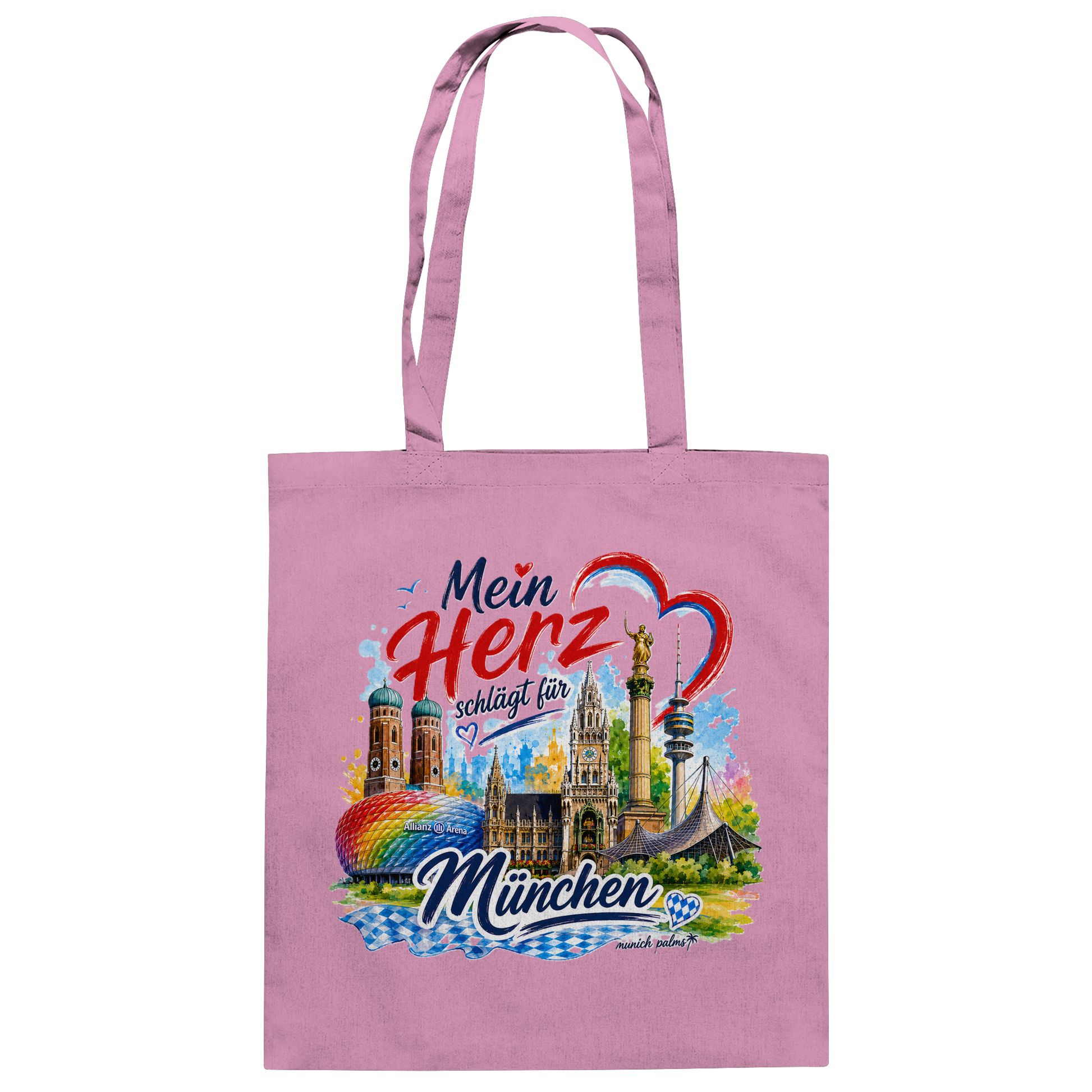 Bunte Baumwolltasche mit Münchner Wahrzeichen und Herz-Design, pinkfarben, von Munich Palms, für modebewusste München-Fans.