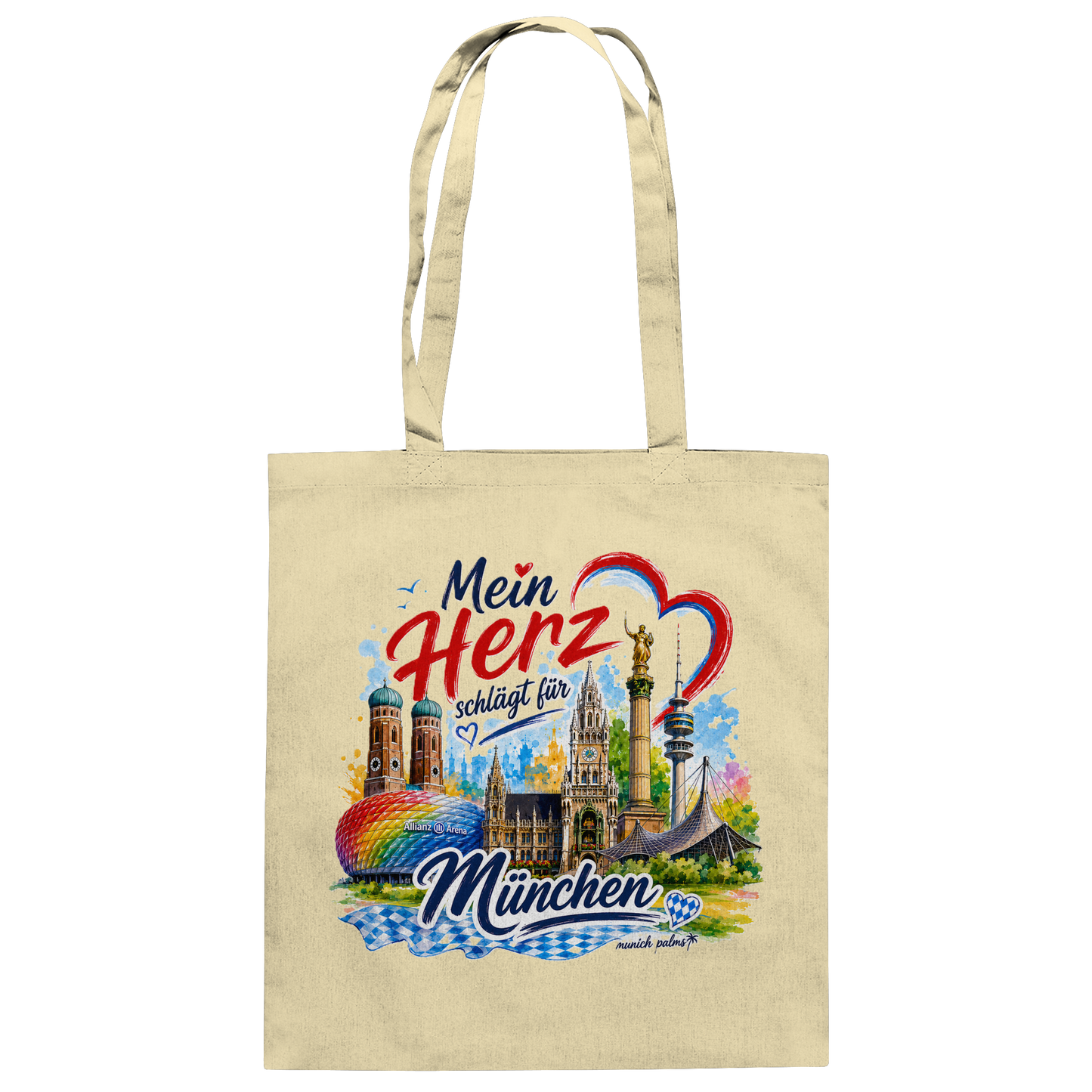 Bunte Baumwolltasche mit Münchner Wahrzeichen und Herzen, stylisches Design von Munich Palms, ideal für den Alltag.