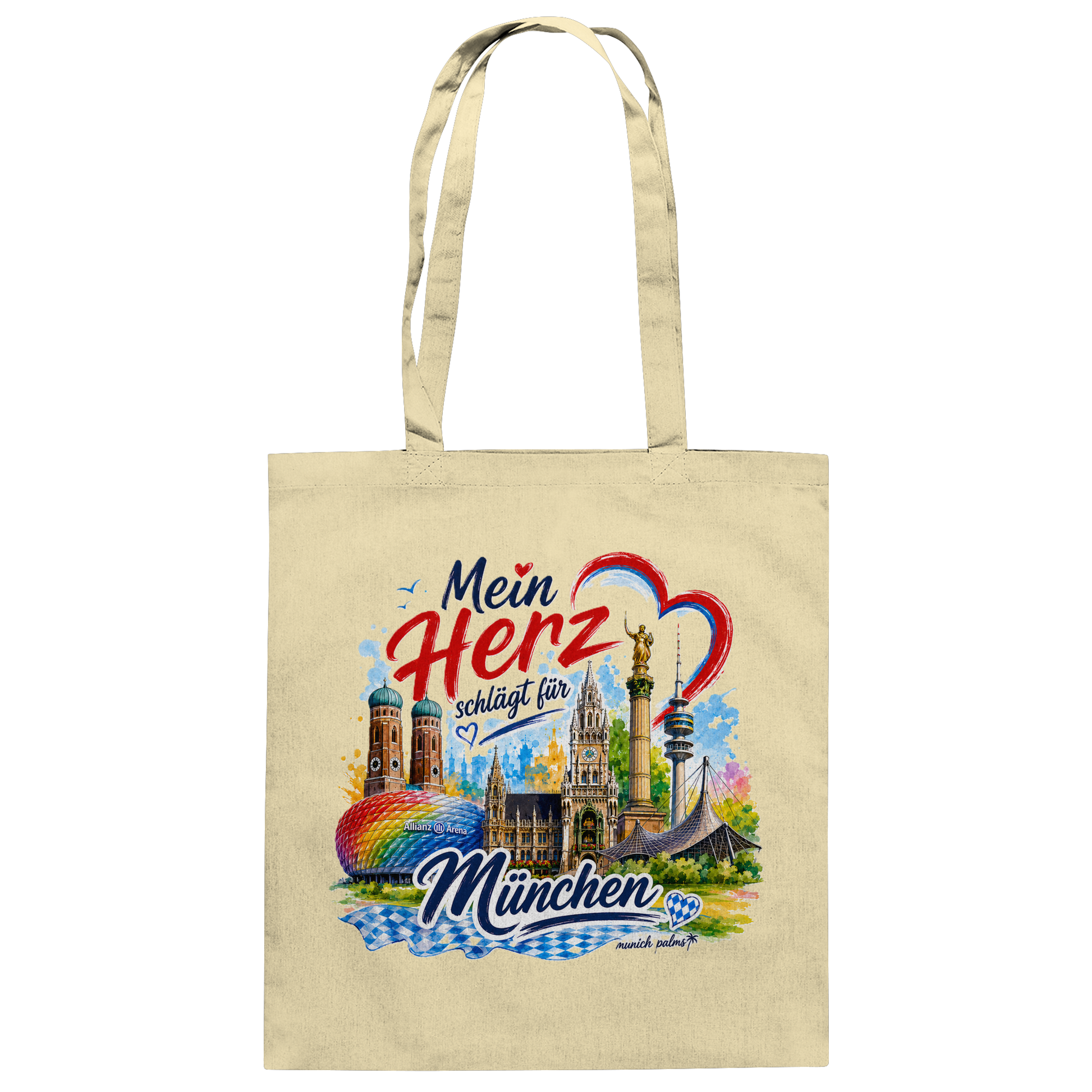 Bunte Baumwolltasche mit Münchner Wahrzeichen und Herzen, stylisches Design von Munich Palms, ideal für den Alltag.