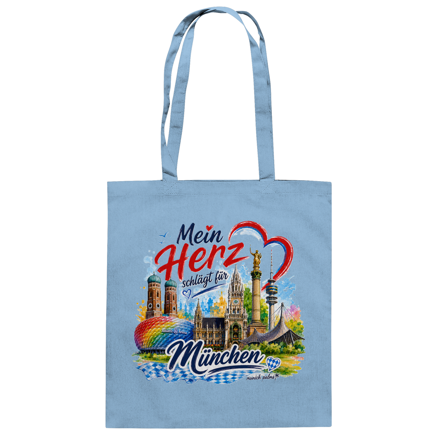 Bunte München Baumwolltasche mit Wahrzeichen und Herz-Design, leichte Tasche mit Sky-Blue-Farbe, Munich Palms Style