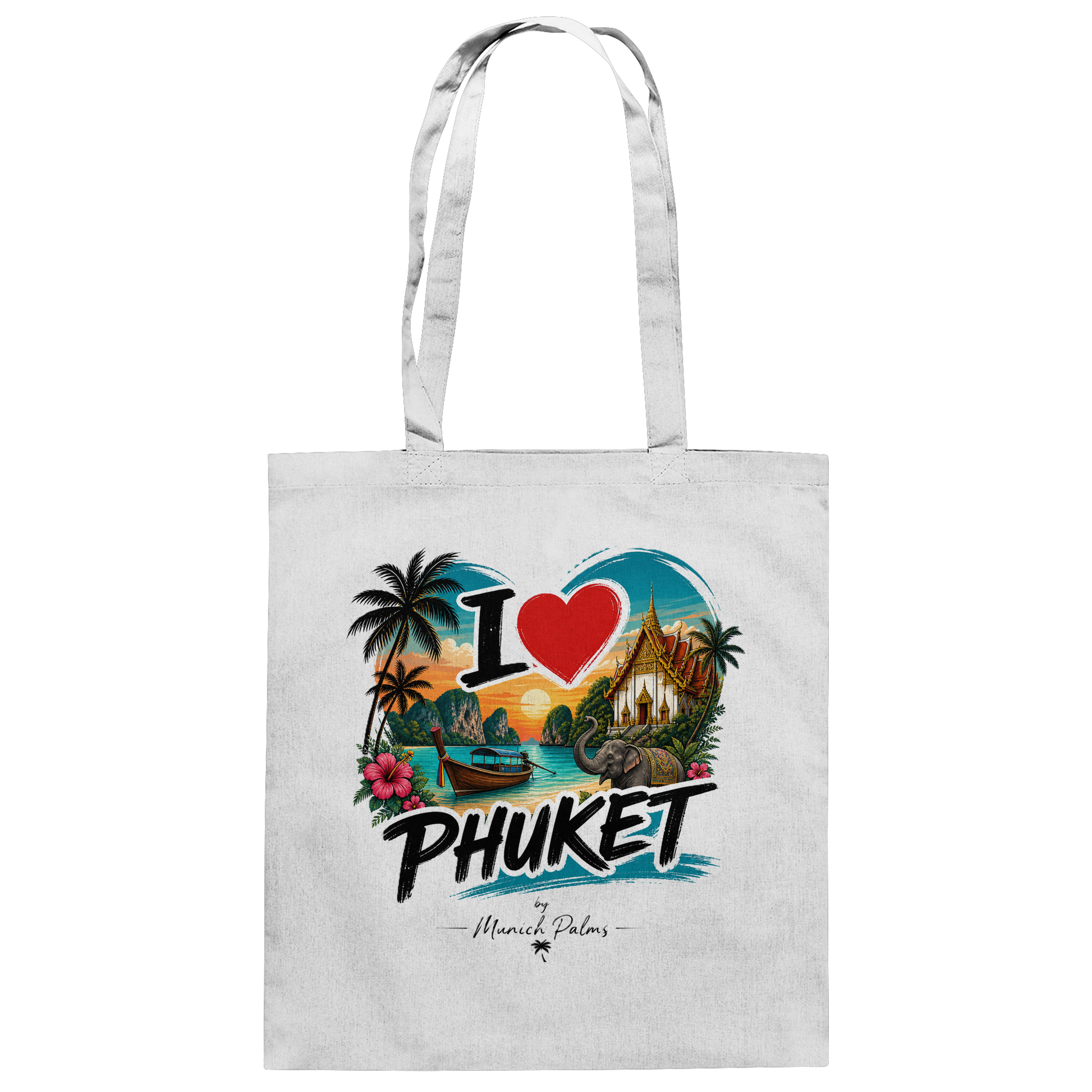 Weiße Baumwolltasche mit "I love Phuket" Schriftzug, umweltfreundliche Tasche aus Baumwolle, ideal für Einkäufe oder Freizeit.