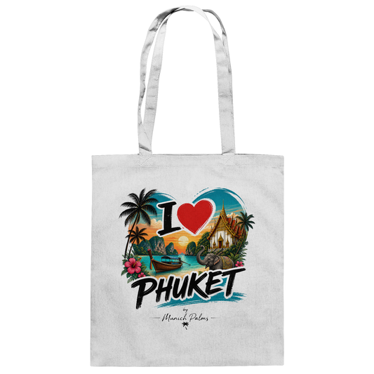 Weiße Baumwolltasche mit "I love Phuket" Schriftzug, umweltfreundliche Tasche aus Baumwolle, ideal für Einkäufe oder Freizeit.