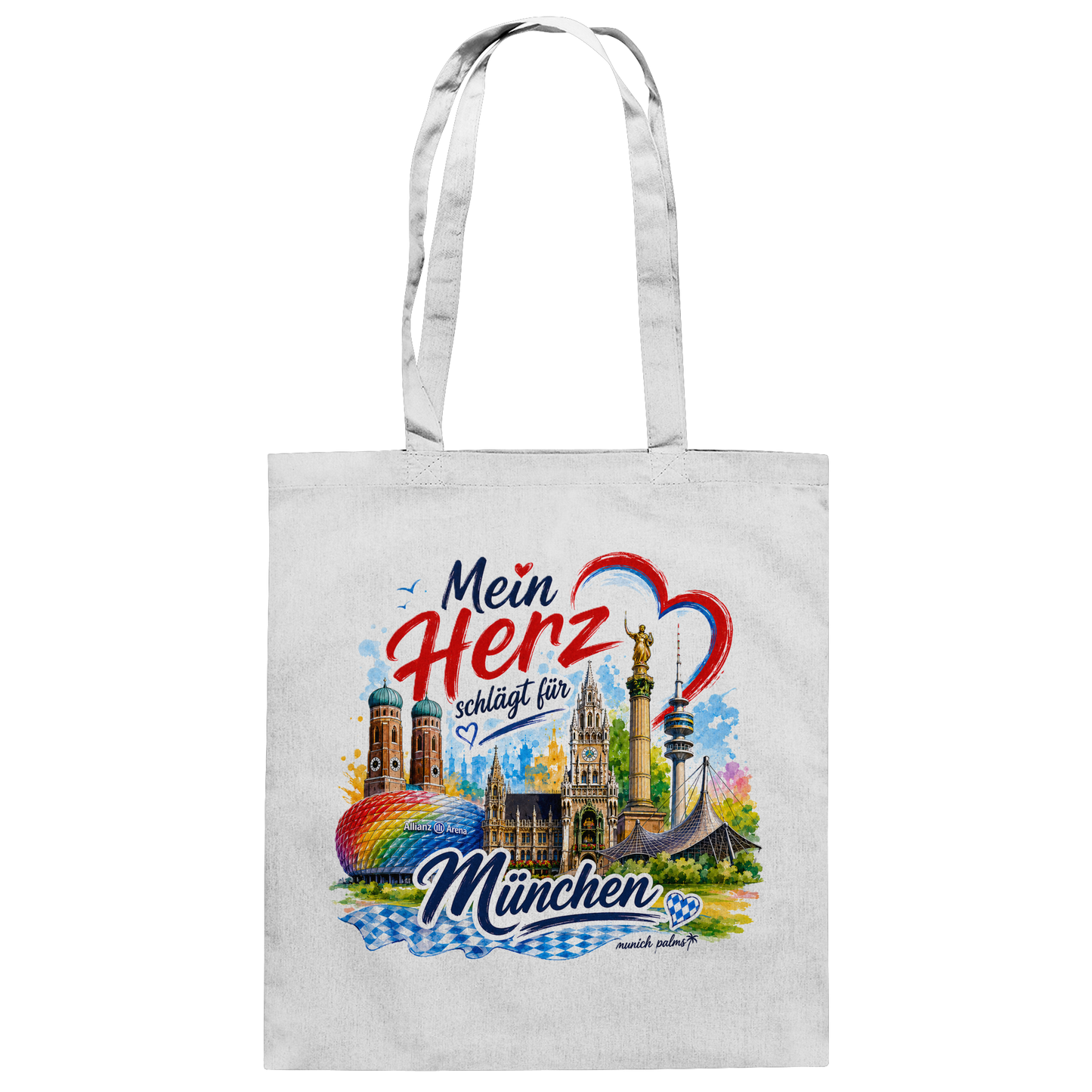 Weiße Baumwolltasche mit buntem München-Design und Wahrzeichen, ideal für München-Liebhaber, von Online Kaufhaus München.