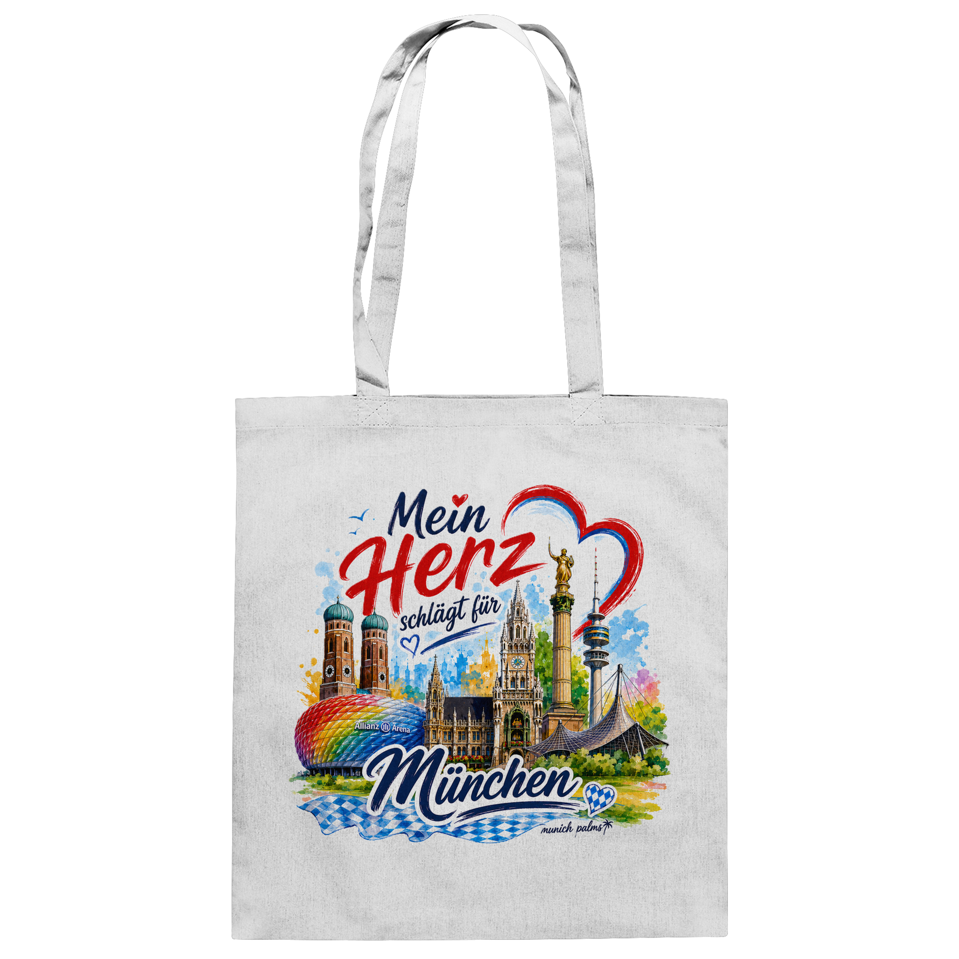 Weiße Baumwolltasche mit buntem München-Design und Wahrzeichen, ideal für München-Liebhaber, von Online Kaufhaus München.