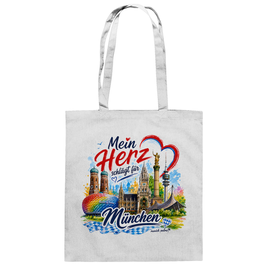 Weiße Baumwolltasche mit buntem München-Design und Wahrzeichen, ideal für München-Liebhaber, von Online Kaufhaus München.
