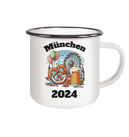 München 2024 mit Volksfest ,Frühlingsfest,Kirmes,Oktoberfest -Design Munich Palms -auch mit dem Namen Deiner Stadt - Emaille Tasse (Black)