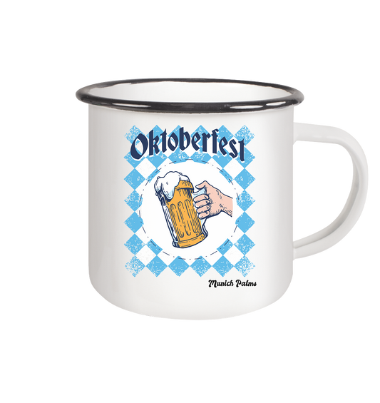 Oktoberfest Maßkrug in bayrischer Raute Design by Munich Palms  - Emaille Tasse (Black)