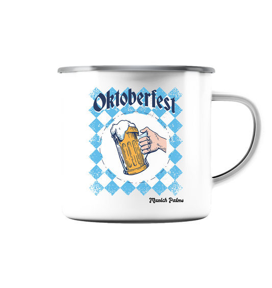 Oktoberfest Maßkrug in bayrischer Raute Design by Munich Palms  - Emaille Tasse (Silber)