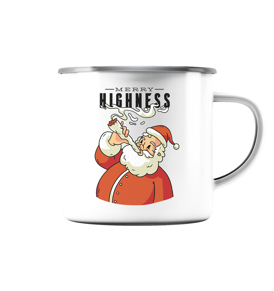 Ein weihnachtliches Motiv mit einem kiffenden Weihnachtsmann Nikolaus Merry Highness - Emaille Tasse (Silber)