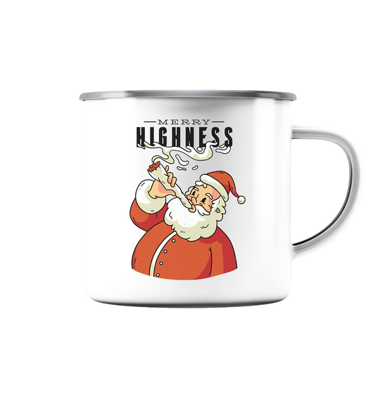 Ein weihnachtliches Motiv mit einem kiffenden Weihnachtsmann Nikolaus Merry Highness - Emaille Tasse (Silber)