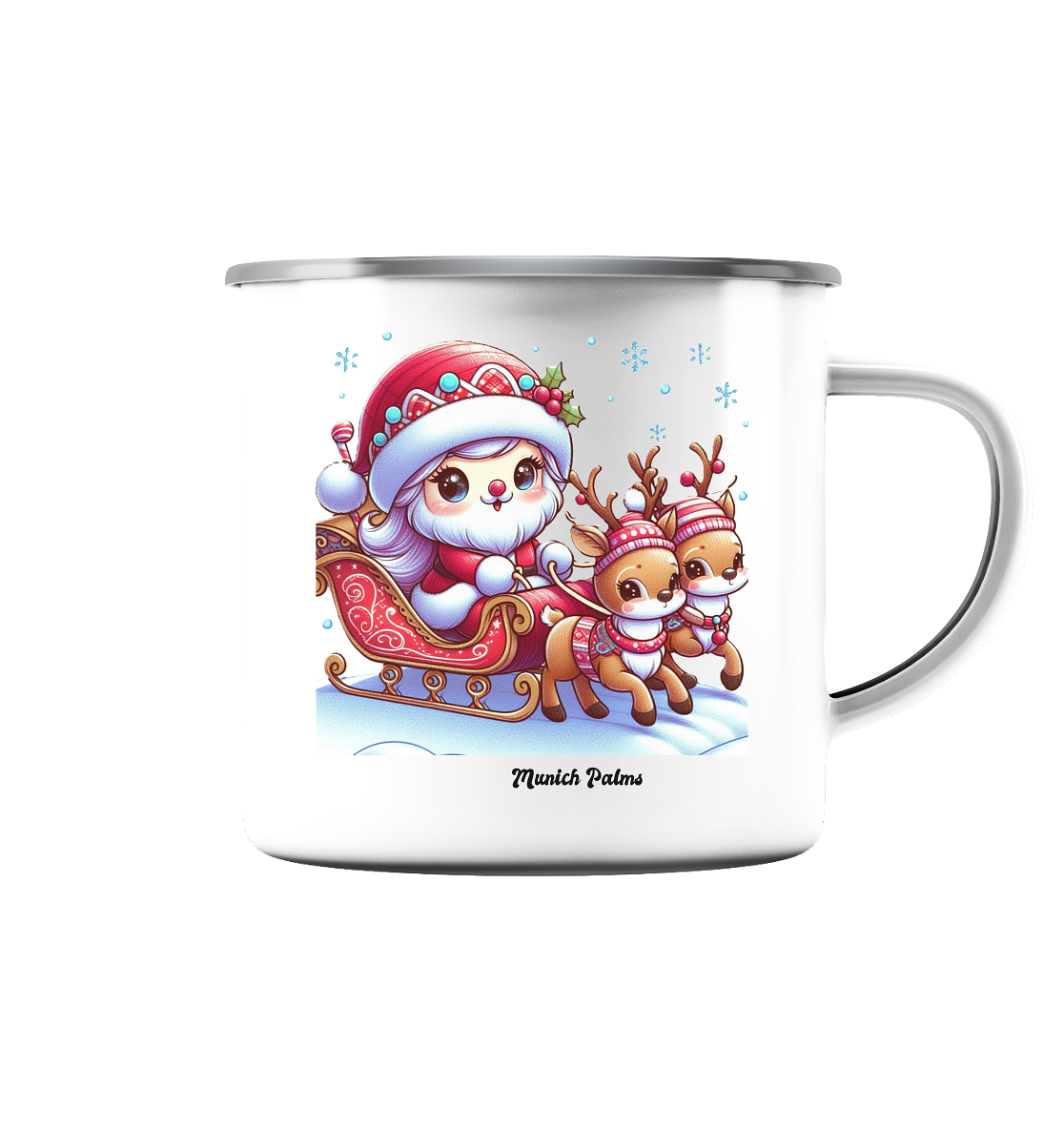 Weihnachten Nikolaus weiblich mit lieblichen Rentieren ,Design Munich Palms  - Emaille Tasse (Silber)