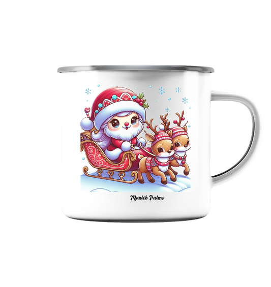 Weihnachten Nikolaus weiblich mit lieblichen Rentieren ,Design Munich Palms  - Emaille Tasse (Silber)