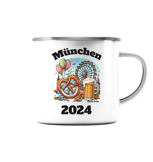 München 2024 mit Volksfest ,Frühlingsfest,Kirmes,Oktoberfest -Design Munich Palms -auch mit dem Namen Deiner Stadt - Emaille Tasse (Silber)