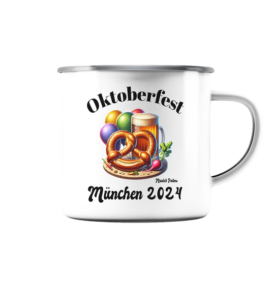 Maßkrüge ,Brezn,Radi - Oktoberfest München 2024 - lizensiert Design Munich Palms    - Emaille Tasse (Silber)