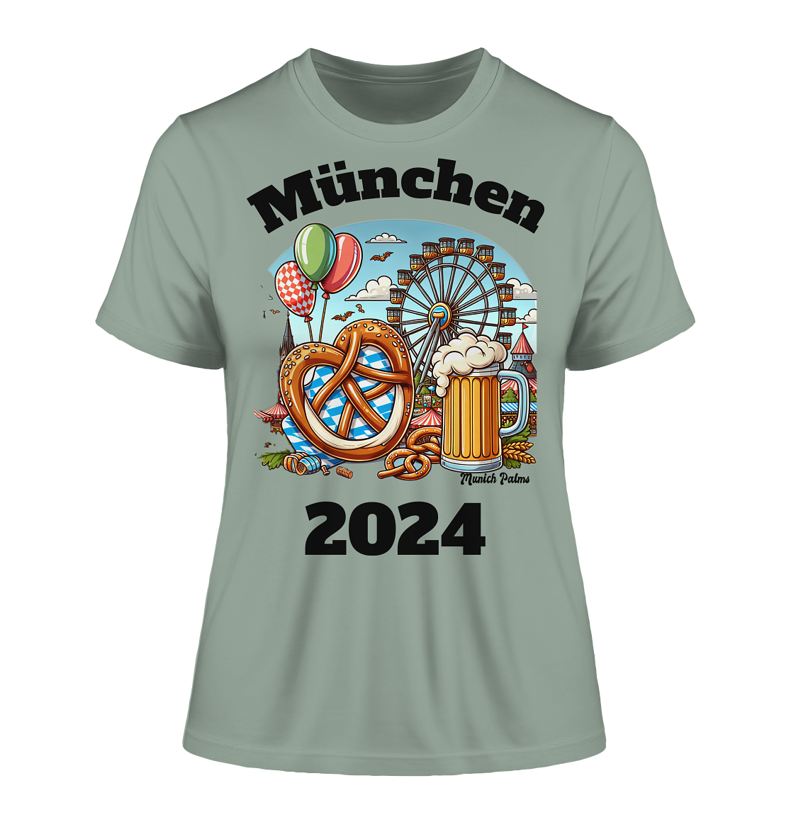 München 2024 mit Volksfest ,Frühlingsfest,Kirmes,Oktoberfest -Design Munich Palms -auch mit dem Namen Deiner Stadt - Fitted Ladies Organic Shirt