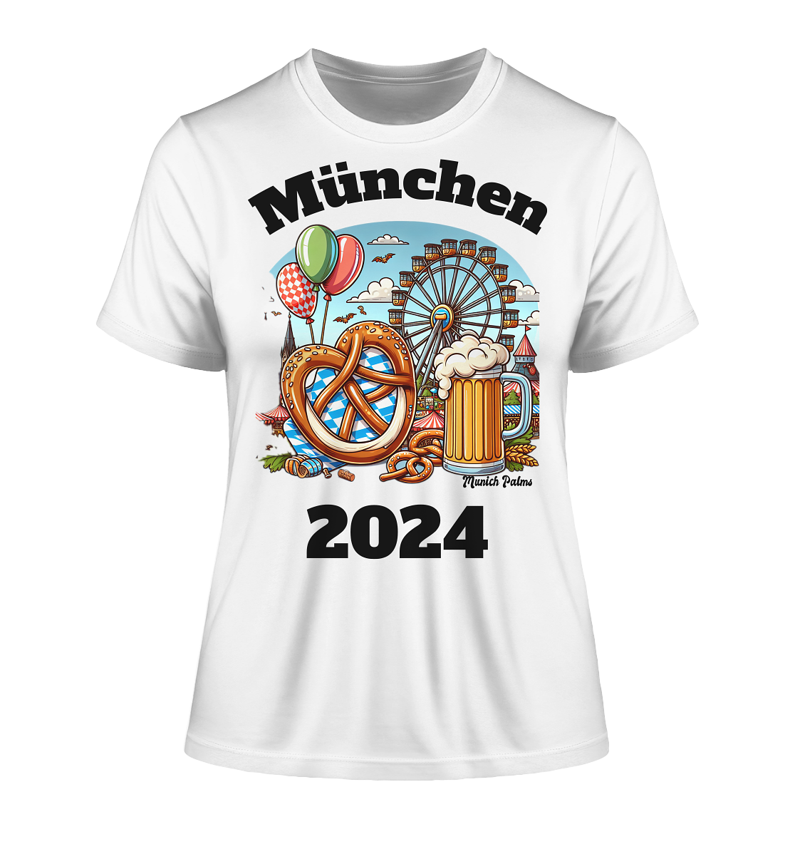 München 2024 mit Volksfest ,Frühlingsfest,Kirmes,Oktoberfest -Design Munich Palms -auch mit dem Namen Deiner Stadt - Fitted Ladies Organic Shirt