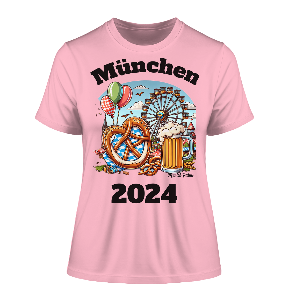 München 2024 mit Volksfest ,Frühlingsfest,Kirmes,Oktoberfest -Design Munich Palms -auch mit dem Namen Deiner Stadt - Fitted Ladies Organic Shirt