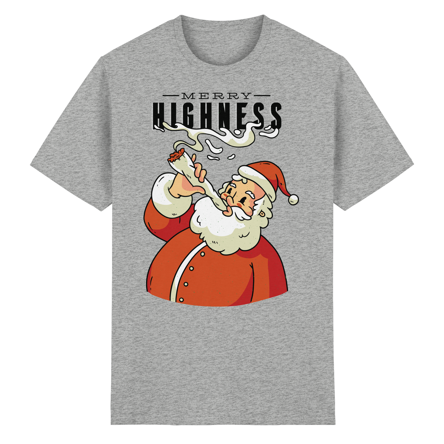 A Christmas motif featuring a stoned Santa Claus, Merry Highness - Heavy Cotton T-Shirt